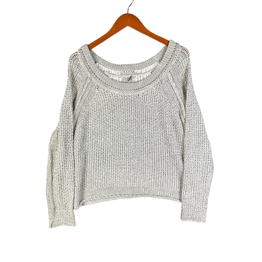 Free People Scoop Neck Pullover Open Knit Light Gray Silver Sweater Womens Small